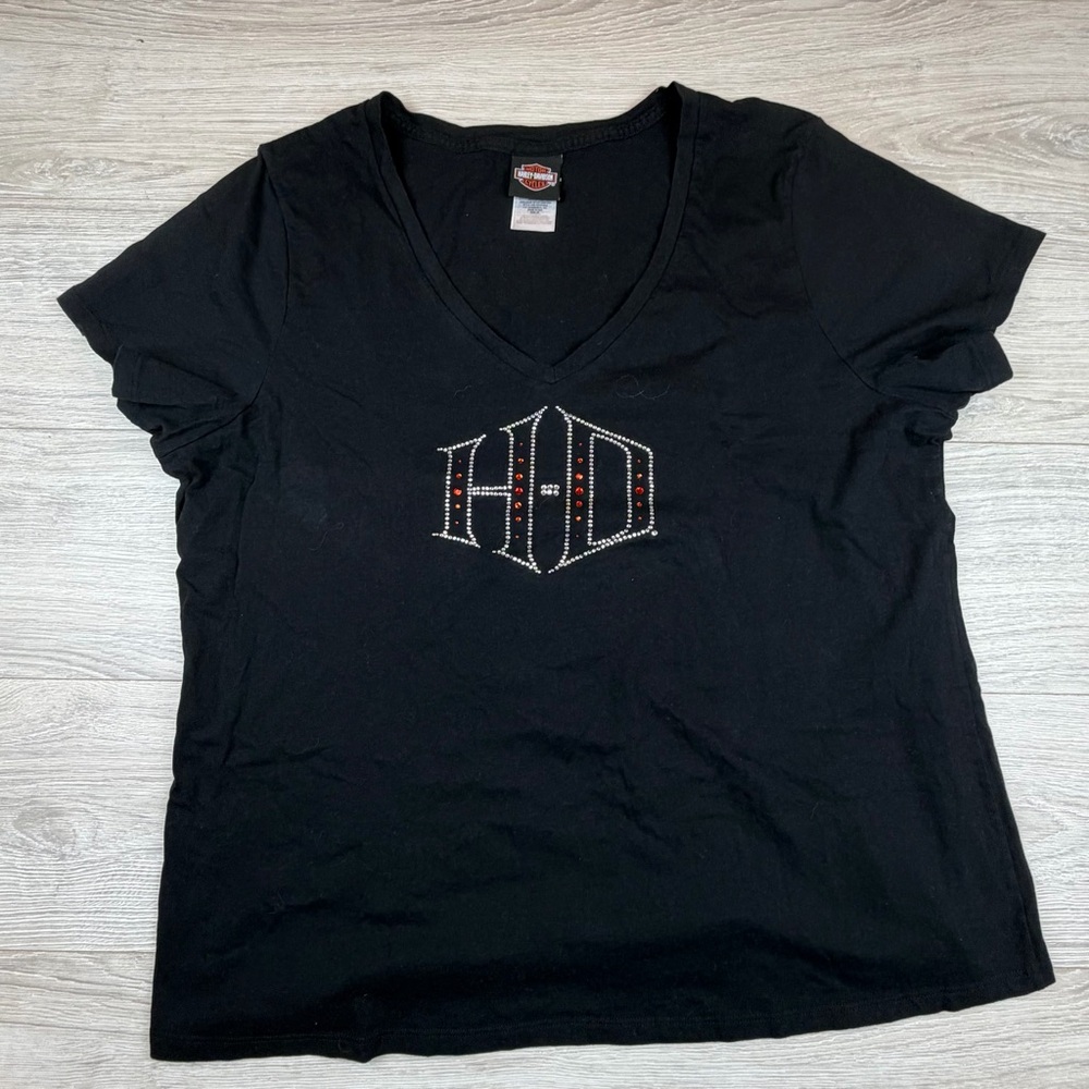 Harley-Davidson Savannah GA Rhinestone V-Neck T-Shirt‎ Black Womens 2X USA Made